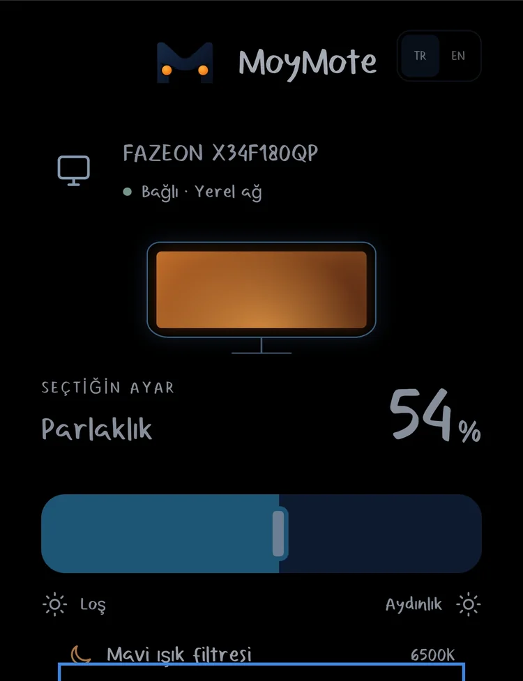 MoyMote phone panel controlling the same monitor's brightness and blue light filter over the local network